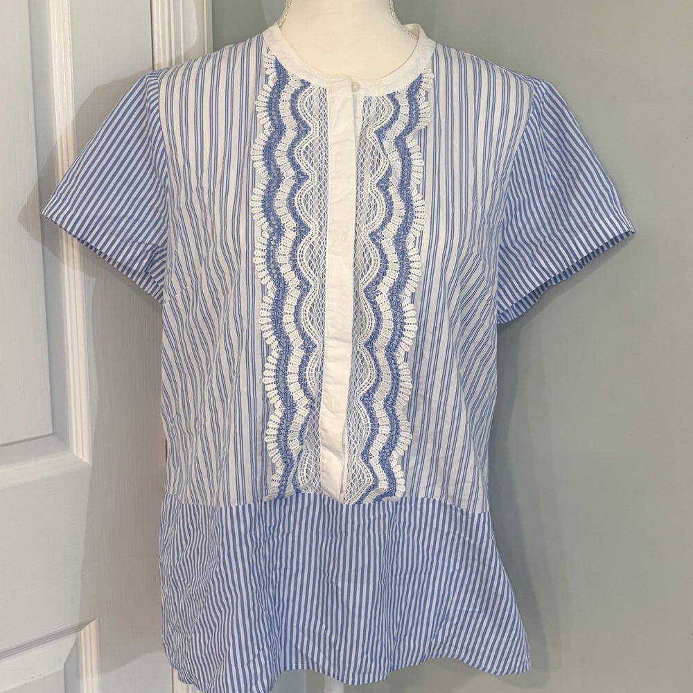 Karl Lagerfeld Paris Womens Blue White Striped Lace Trim Short Sleeve Blouse L